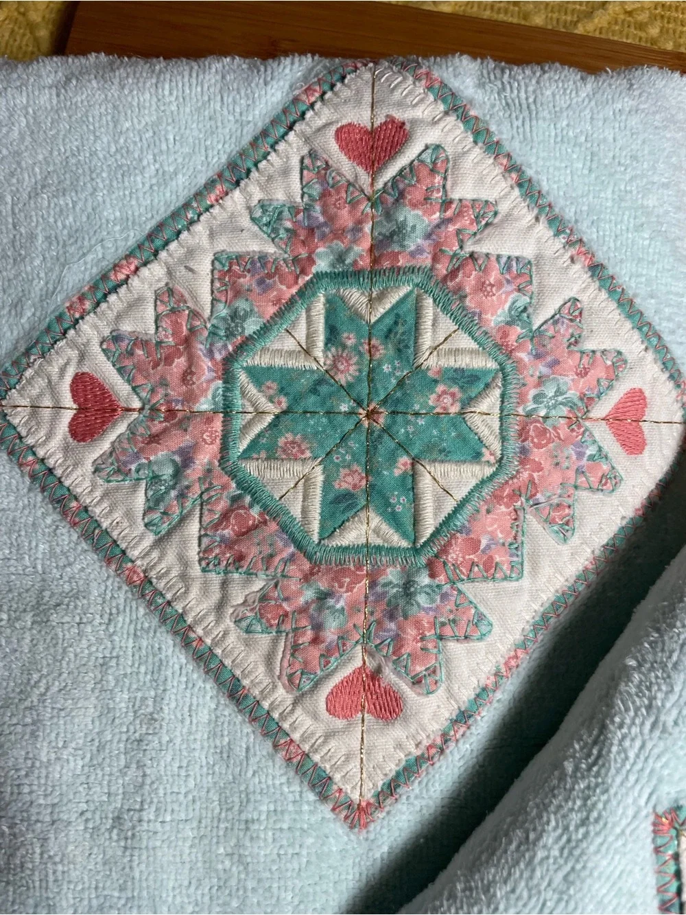 Vintage Light Blue Embroidered Cotton Bath Towels - Set of 2